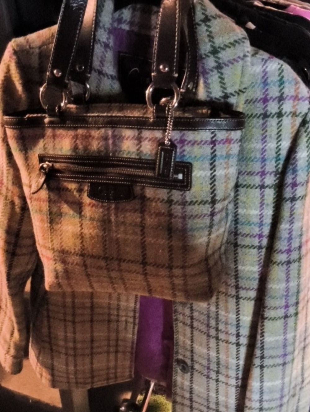 Plaid Wool Tote Bag with Leather Trim - Multicolor
